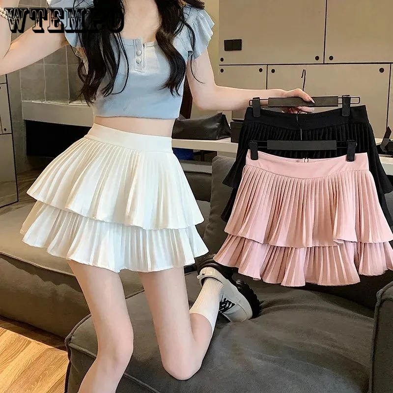

Sweet Pommel Skirt Preppy Double Cake Pleated Skirt Elastic Waist Safety Skirt Wholesale