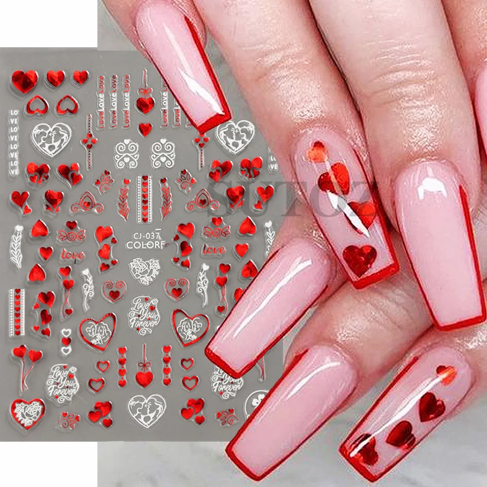 1 Pz 3D Red Heart Nails Art Stickers Romantico Cartoon Lover Red Rose Kiss Bride Sliders Full Wrap Su Accessori Per Unghie