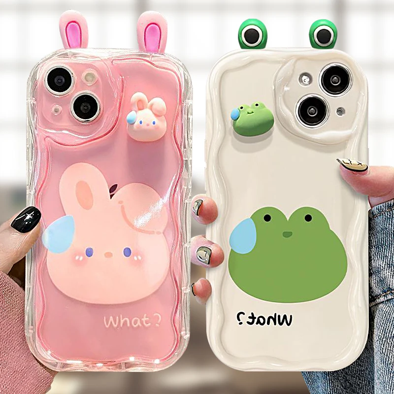 Lovely 3D Bear Rabbit Wave Phone Case for iPhone 15 14 11 Pro Max 13 12 Mini XR XS X 8 7 6 6S Plus SE 2020 Soft Silicone Cover - 1