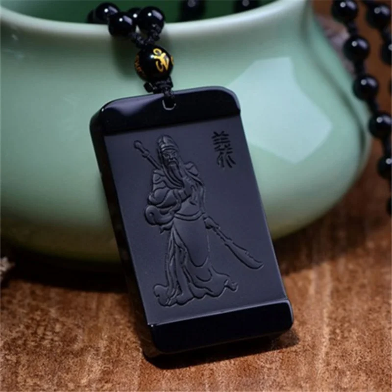 

Natural Black Obsidian Hand Carved Guan Gongyu Pendant Fashion Boutique Jewelry Men and Women Wu Caishen Necklace