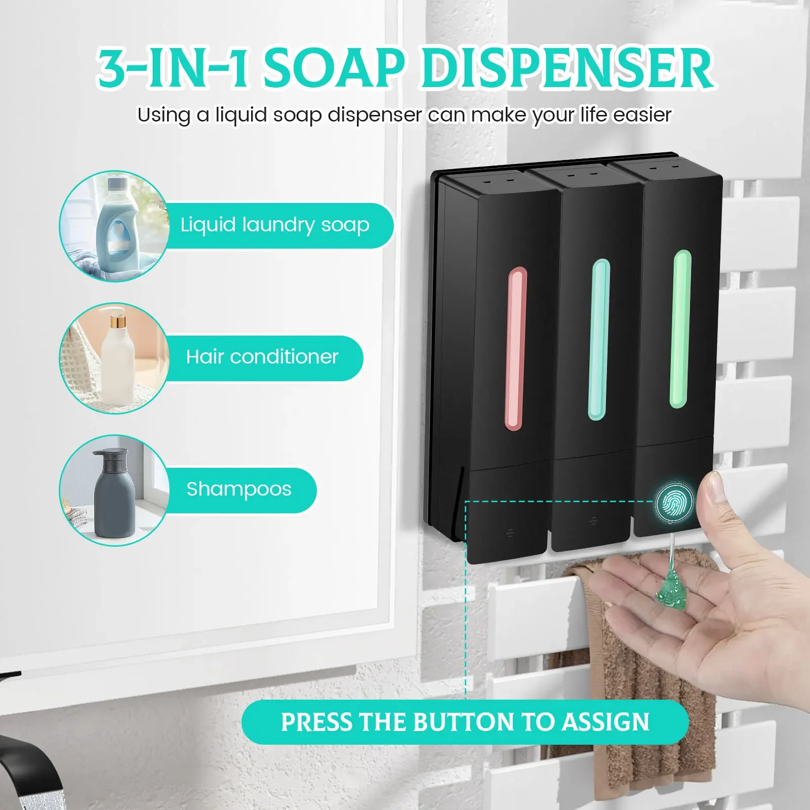 400ML Soap Dispenser Wall Mounted 3 Chamber Shower Soap Dispenser Adhesive Shampoo Conditioner Dispenser Bathroom Accessories 3