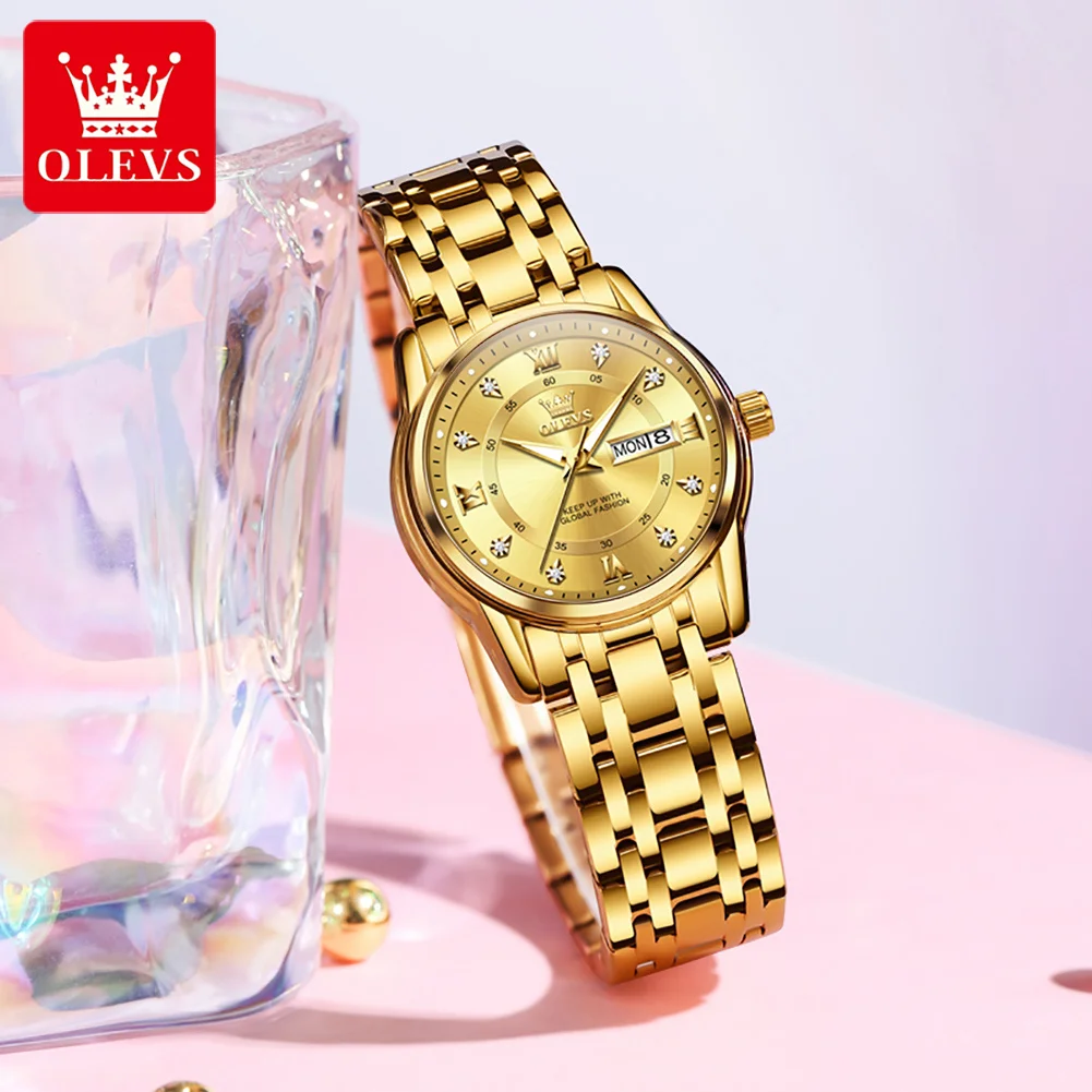 Relógio de quartzo feminino de aço inoxidável da moda, luxuoso, com calendário duplo, luminoso, à prova d'água, elegante para mulheres_voghion.com