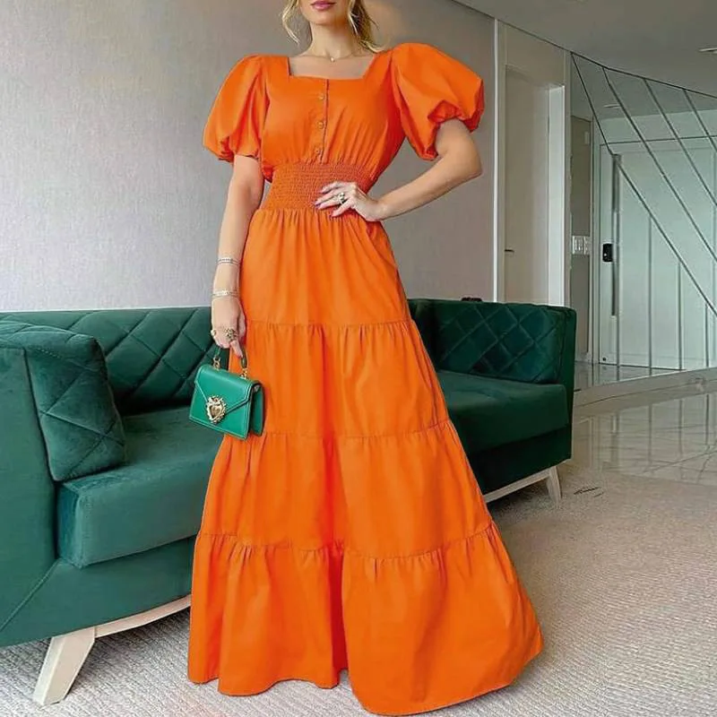 

Spring Orange Elegant Maxi Dress Women Button Solid Summer Dresses Puff Sleeves Beach Party Dresses