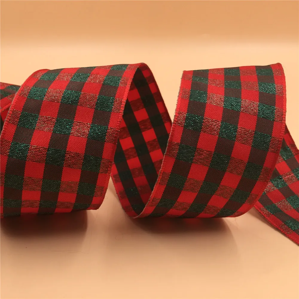 

38MM 25 Yards Wired Edge Red Green Scottish Checked Plaid Ribbon for Christmas Bow Decoration N1014