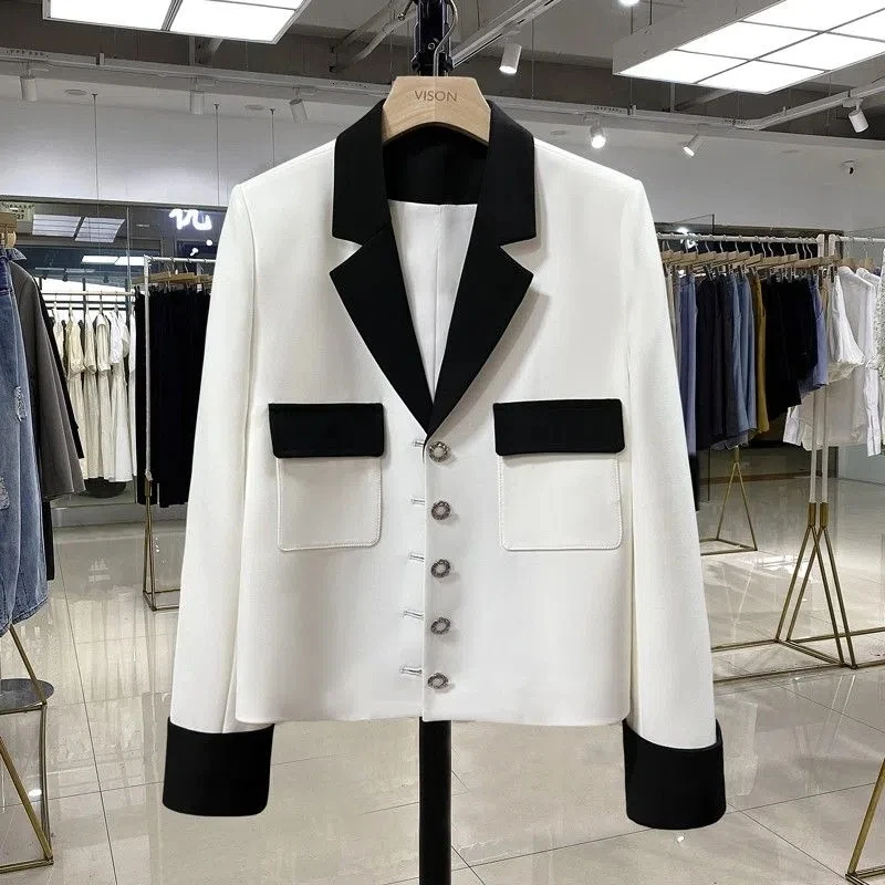 

Women Fashion Single Button Cropped Blazer Coat Vintage Notched Collar Long Sleeve Female Outerwear Chic Veste Femme Suits