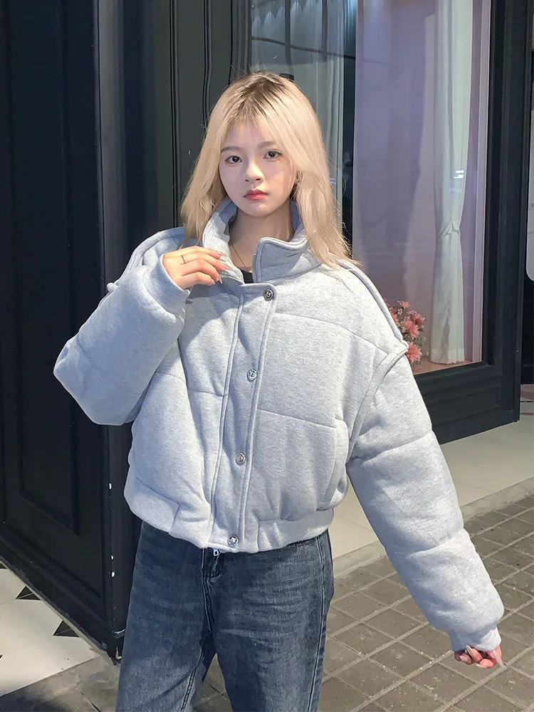 Korean Style High-end Short Gray Cotton Parkas Loose  Warm Thickened Stand Collar Outwear 2023 New Winter Coat Women 5