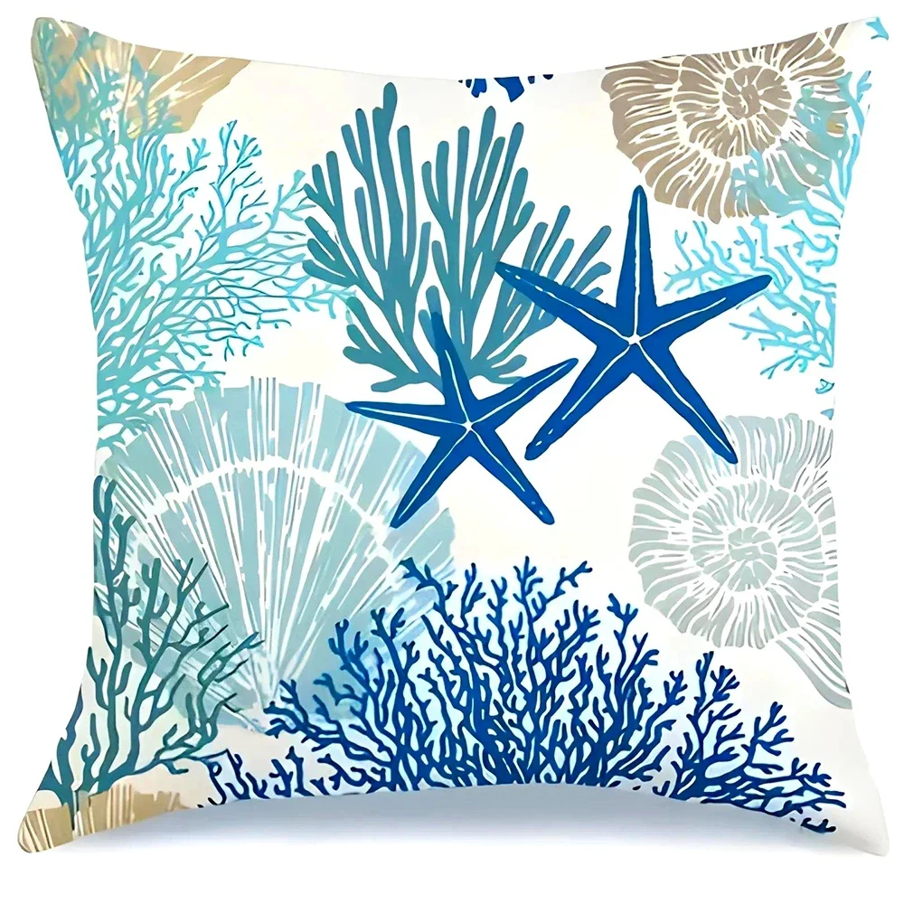 Starfish shell and coral patterned pillow cover