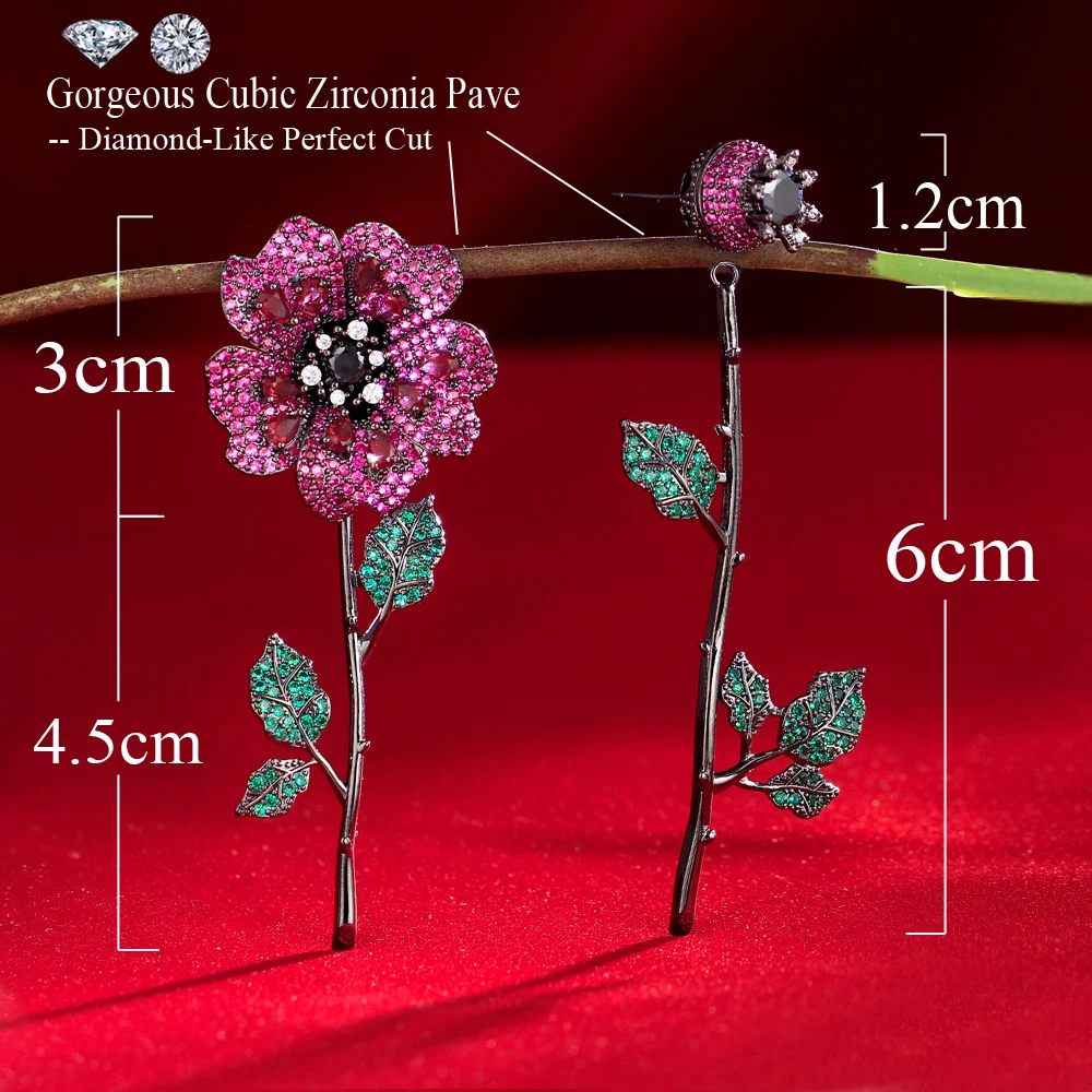 ThreeGraces Delicate Red Green CZ Zircon Removable Design Long Flower Leaf Dangle Earrings for Women Wedding Party Jewelry E1460
