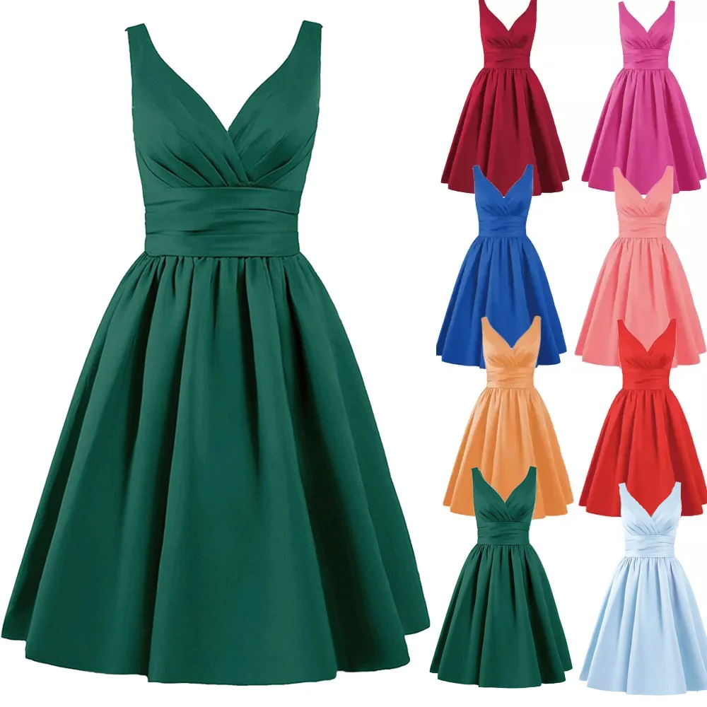 

Short Knee Length Satin V Neck Sleeveless Cheap Evening Bridesmaid Dresses Wedding Party Formal Prom Homecoming Cocktail Lace Up