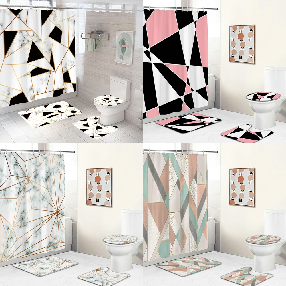 

Marble Luxury Shower Curtain Set with Non Slip Rug Bath Mat Carpet Modern Bathroom Curtains Toilet Lid Cover Home Decoration