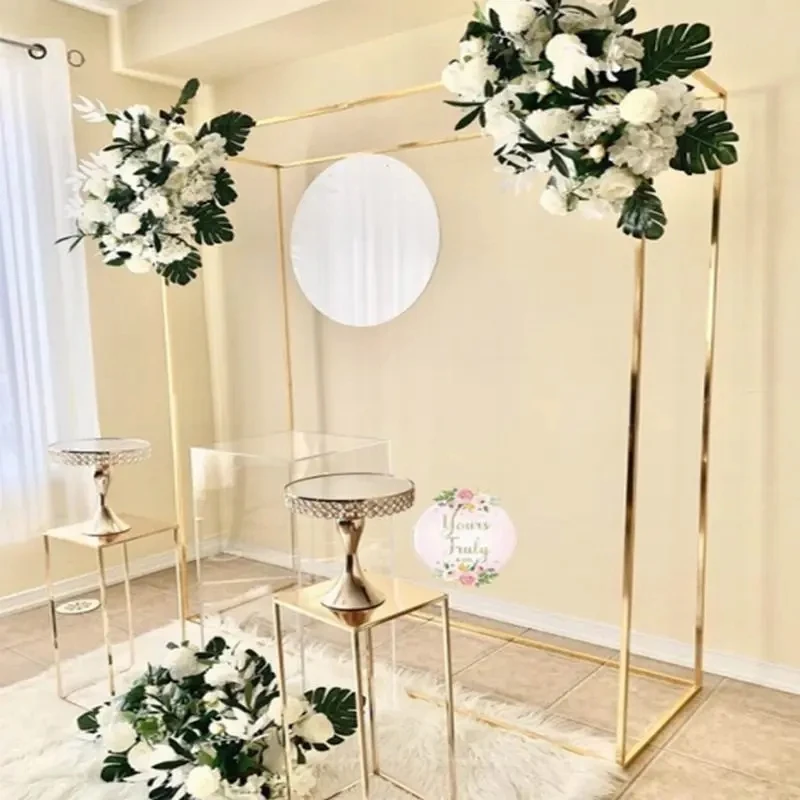 

Shining Wedding Arch Frame Mariage row runner Square Backdrop Stand Background Gold Plating Outdoor Artificial Flower Door Shelf