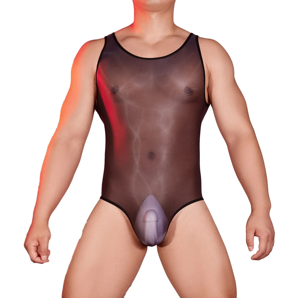 Sheer Mesh Sexy Bodysuit Oil Glossy See Through Stretchy Jumpsuits Men Erotic Tights Slimming Transparent Seductive Nightwear