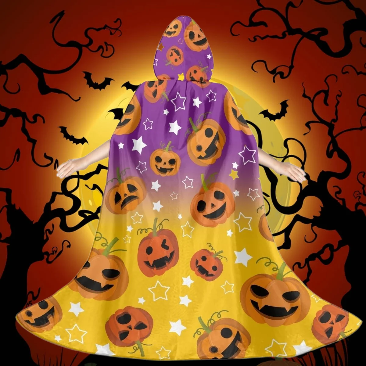 

Schoolboy Girls Cloak Medieval Robe Hooded Pumpkin Skeleton Cat Footprint Design Halloween Street Performance Dance Party Coat