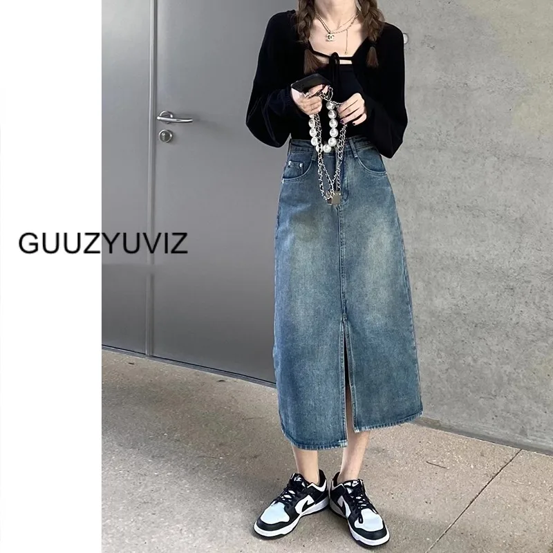 

Винтажная синяя джинсовая длинная юбка GUUZYUVIZ с высокой талией и разрезом, трапециевидная Женская юбка, джинсовые юбки для дам