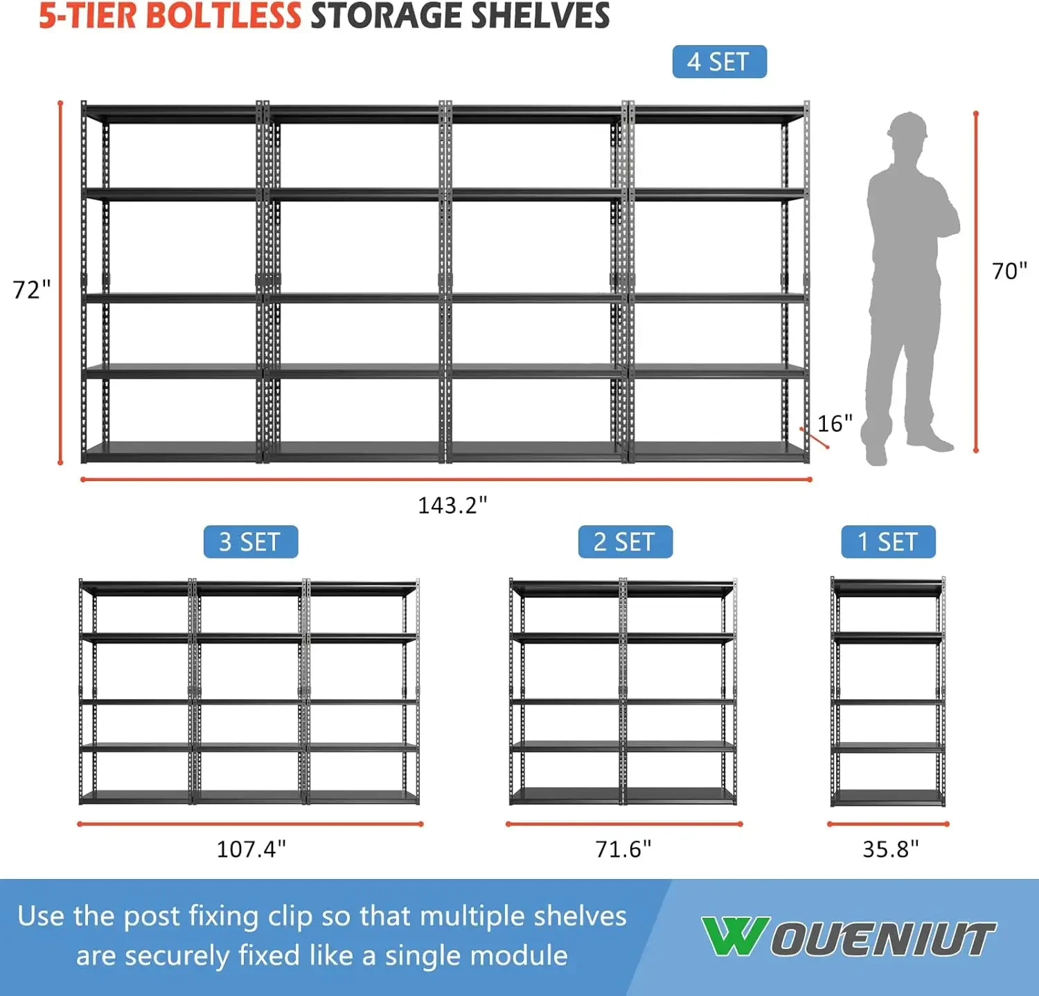 Garage Storage Shelves, 72'' Heavy Duty Metal Utility Rack with Adjustable 5 Tier Shelving for Warehouse Basement Kitchen Living 5