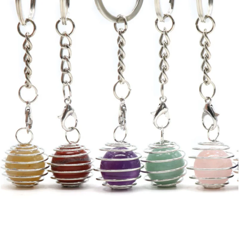 12pcs Lantern Spring Net Bag Hold Natural Stone Key Rings 16mm Ball Rose Aventurine Quartz Crystal Agates Keychains Pendant Bulk