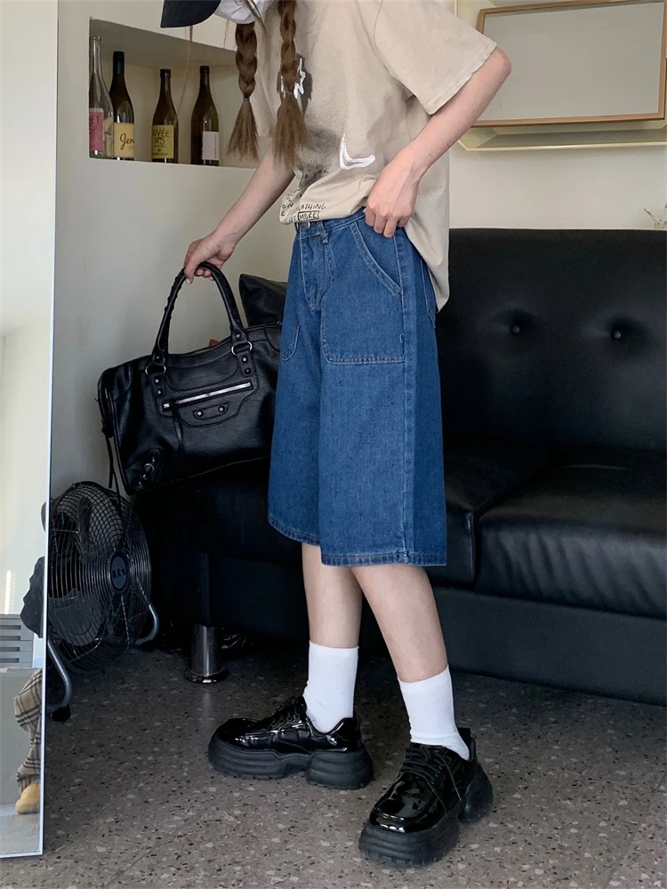 ショートパンツ Paint Casual Wide Loose Denim Half-Pants Loose Neutral Large Pocket Wide Leg Denim Half Pants Women's