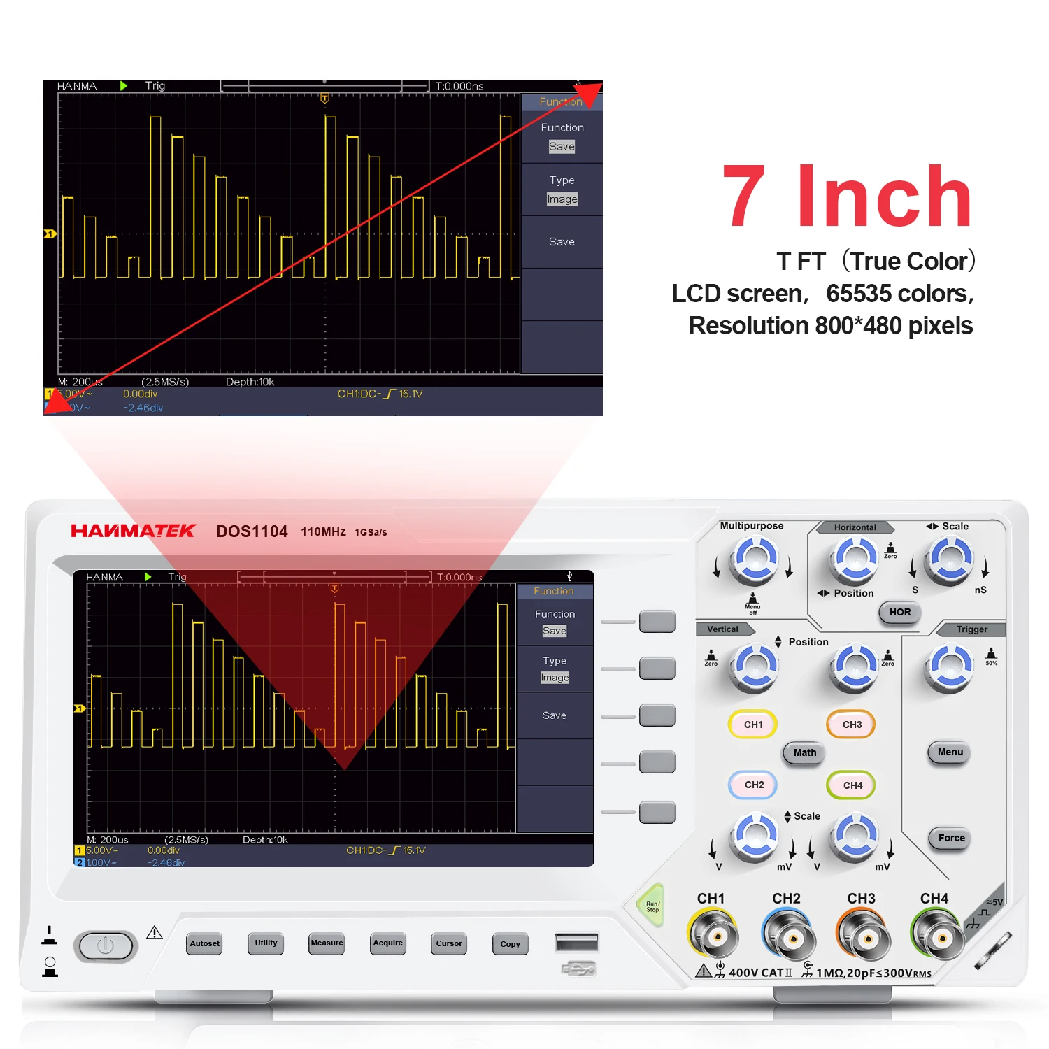 Hanmatek Digital Oscilloscope 2 / 4 Channels 110MhZ Bandwidth 1GS/s Sampling Rate 5mV/Div 7-inch LED SCPI/labview communication 4