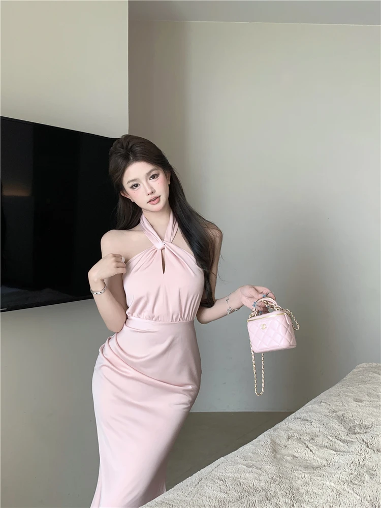 Sexy Bodycon Satin Evening Party Dress Sleeveless Halter Slim Mermaid Summer New Midi Dresses for Women Prom Vestidos Mujer