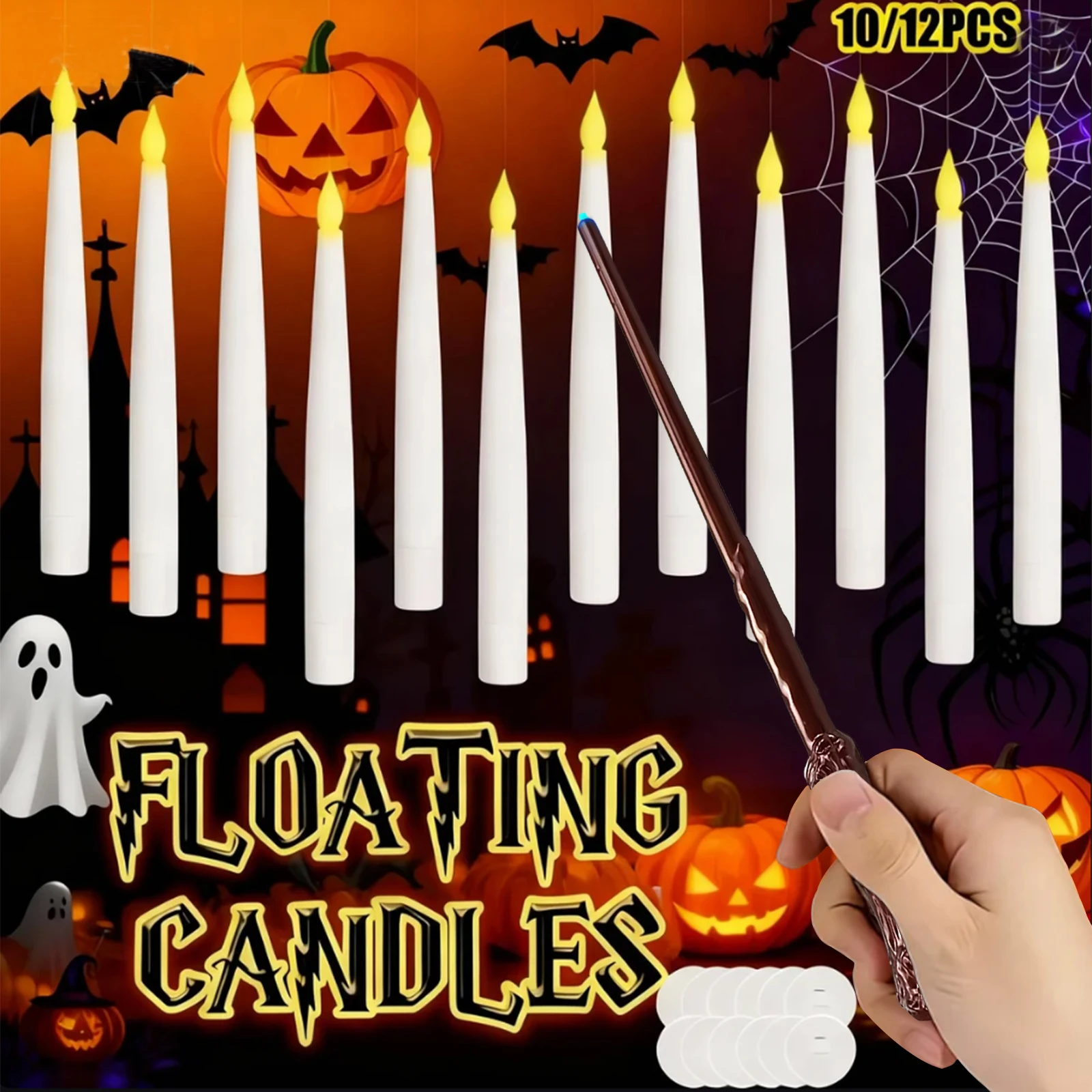 12/10 قطعة LED الشموع العائمة مع عصا سحرية عديمة اللهب شمعة طائرة الخفقان حرق الشموع لتزيين عطلة الزفاف