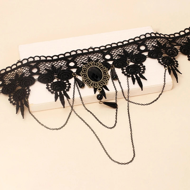 

Регулируемое кружевное колье с воротником в готическом стиле и цепочкой с кисточками и кристаллами для женщин, вечерние костюмы