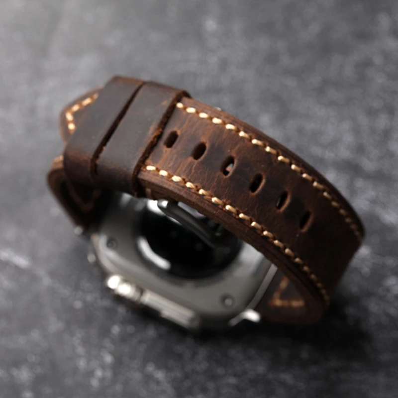 수제 이탈리아 소가죽 시계 밴드, 애플 워치 49mm 45mm, iwatch8 울트라 라이트 브라운 송아지 남성용 가죽 스트랩, 두꺼운
