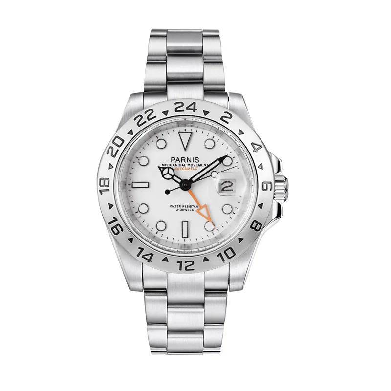 

Parnis 40mm Sapphire Crystal Mechanical Automatic Men's Watch Orange GMT White Dial Date Steel Bezel Blue Luminous Wristwatch