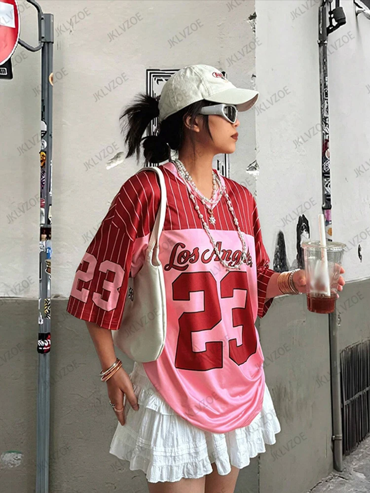 GORGLITTER Maglietta Donna Y2K A Rete Scollo A V Maniche Corte - Casual Oversize - 3