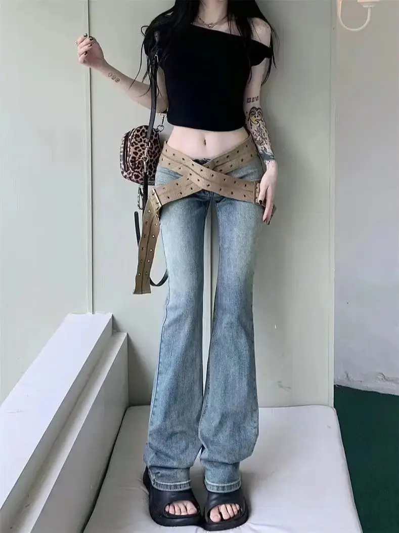Jeans With Belt Low Rise Fashion Vintage Distressed Jeans For Women Streetwear Denim Straight Leg Jeans Bottom Essential Pants