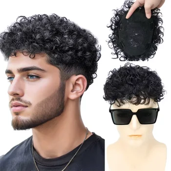 Parrucca da uomo in capelli umani neri naturali, corta, riccia naturale, leggera, con parte superiore senza cuciture per un look elegante