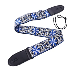 Vintage Ethnic Style Embroidered Guitar Strap - Adjustable for Folk, Electric, Bass, and Ukulele (Blue White Flower)