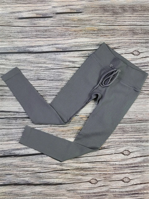 Tossy Ribbed Yoga Leggings Sport Tights Woman Seamless Knit Yoga Pants White Femme Gym Leggins Skinny Workout Fitness Push Up Belt Gray