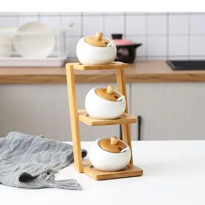 3 Piece Set Kitchen Supplies Ceramic Seasoning Pot Pepper Salt Glass Cruet Trapezoidal Bamboo Rack Tray
