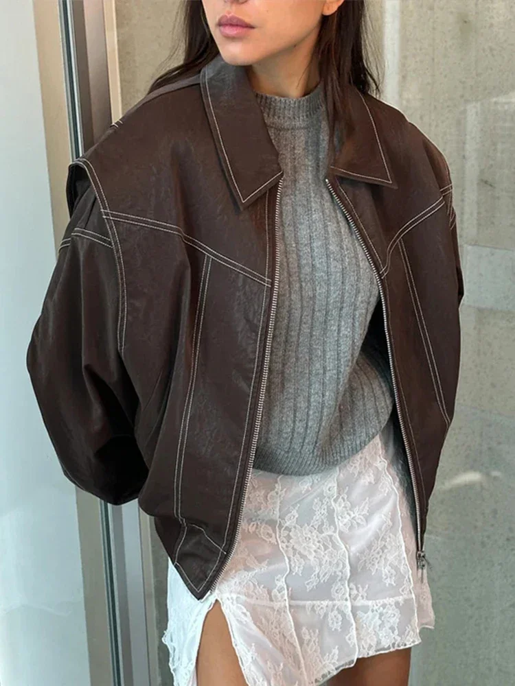 Fashion Patchwork Lapel Long Sleeve Coats Vintage Red Zipper Leather Jacket For Women 2024 Autumn Winter Female Casual Outerwear 5