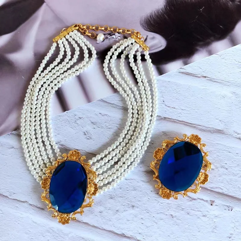 

Luxury Multi-Layer Pearl Necklace Brooch Gold Sapphire Pendant Retro Court-style Bride Necklace Jewelry Short Choker