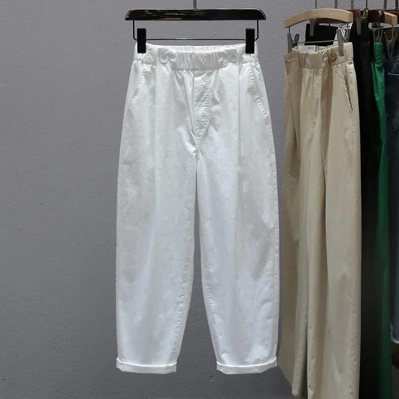 capri leggings with pockets Pants for Women Casual High Waist Solid Harem Pants Cotton Baggy Fashion Elastic Waist Vintage White  Ankle-Length Pants capris