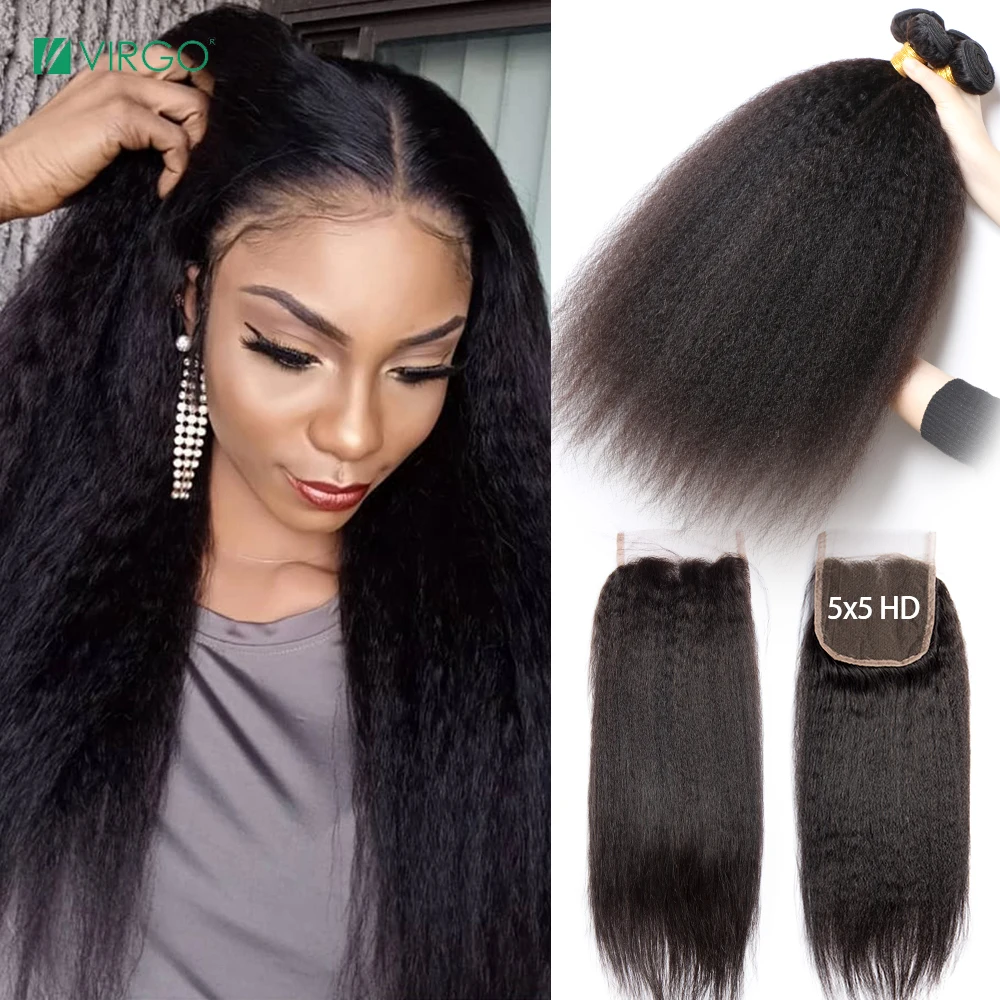 

Virgo 5X5 Hd Lace Closure With Bundles Kinky Straight Human Hair Bundles With Closure Yaki Straight Brazilian Virgin Hair 30Inch