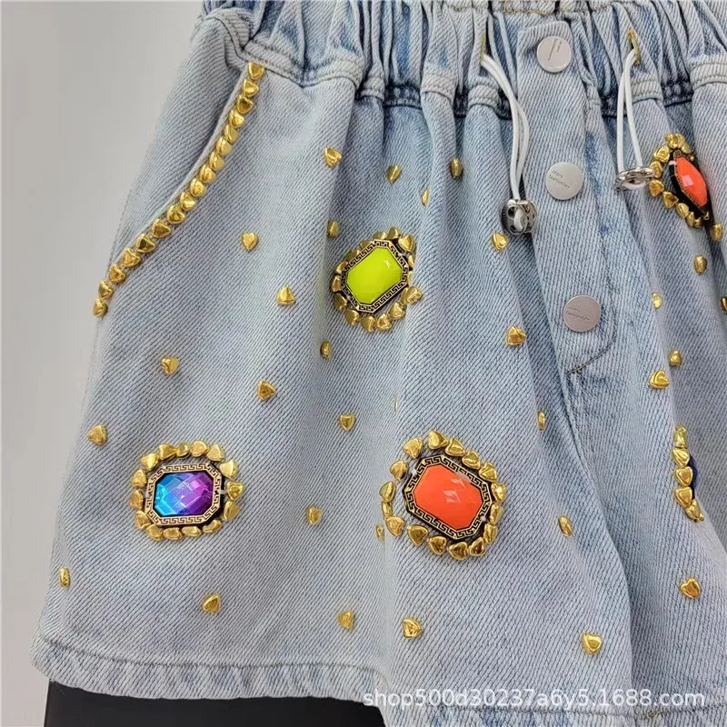 Street Style Beaded High Waist Denim Shorts 2024 Summer European Goods Exquisite Rhinestone Gem Wide Leg Shorts for Women