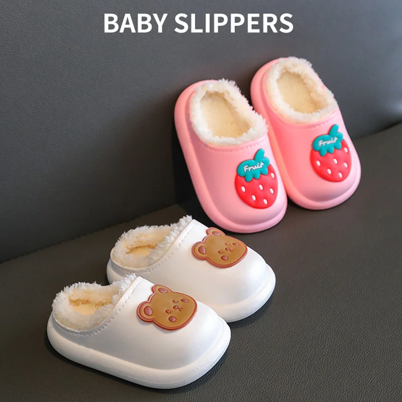 Winter Children Girls Boy Slippers Newborn Cute Bear Print Indoor Home Thick Fleece Warm Shoes Kids Casual Slipper First Walkers 3