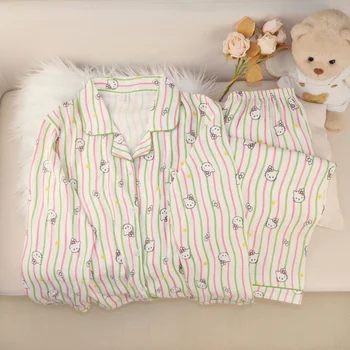 طقم بيجامات أنيقة مخططة من Hello Kitty للسيدات بأكمام طويلة ملابس منزلية حلوة برسوم كارتونية وصل حديثًا موضة كورية 2026 4