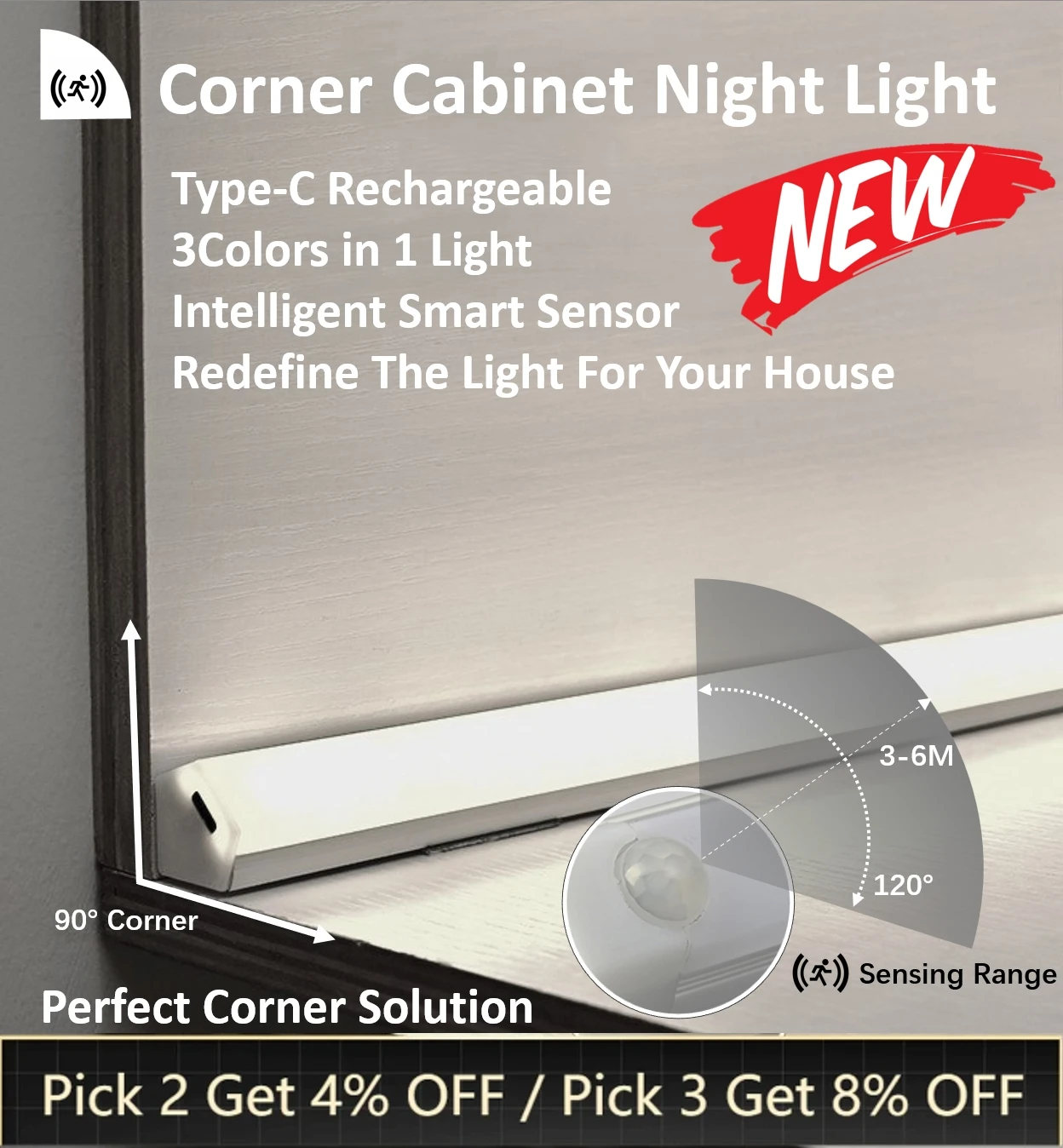 3Colors in 1Intelligent Motion Sensor LED Wireless Under Cabinet Corner Lights Type-C Rechargeable for Kitchen Gradevin Stairs