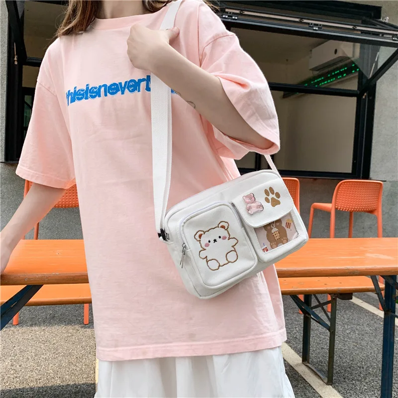 Canvas Small Girls INS Cute Funny Personality Embroidery Bear Student Crossbody Bag