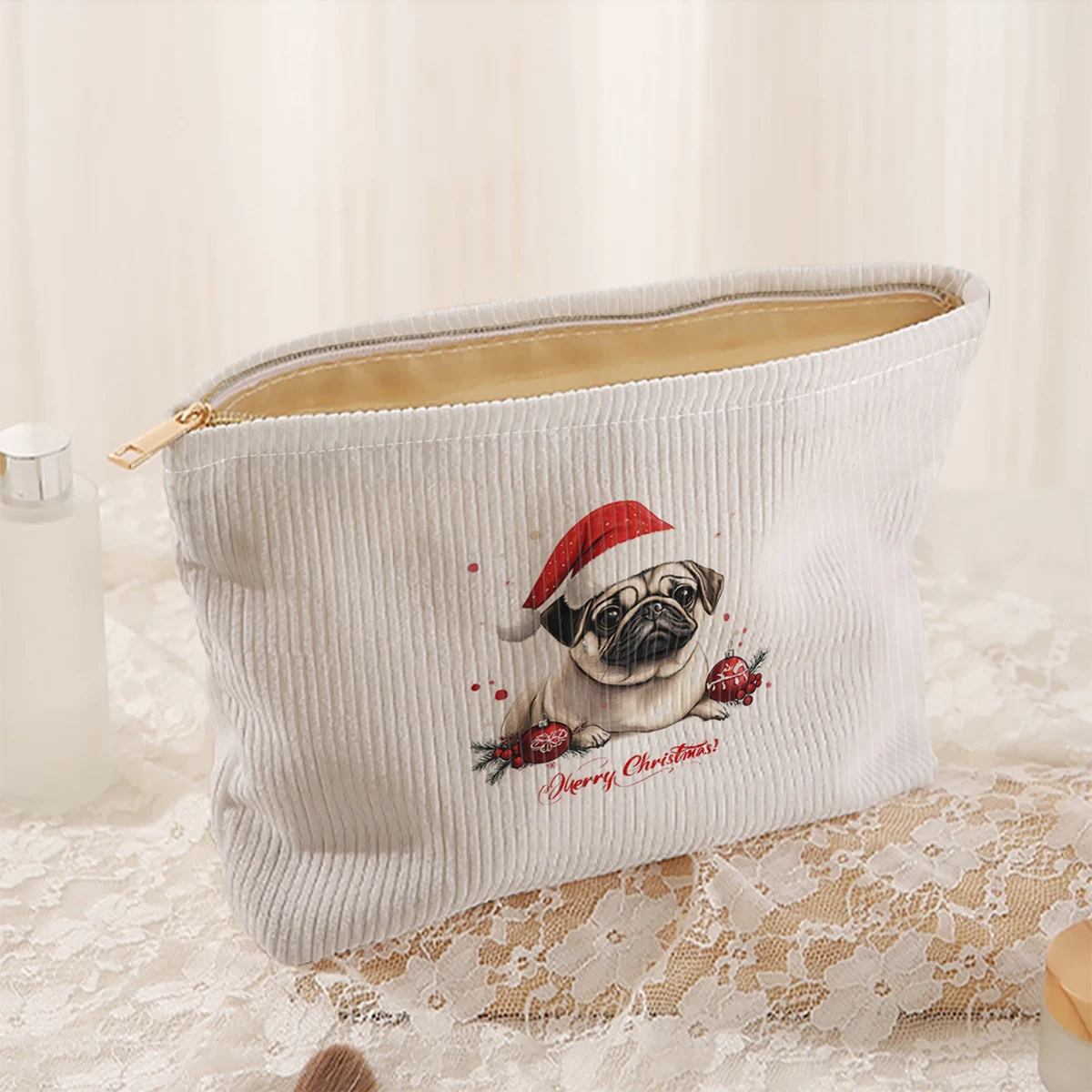1 Christmas themed corduroy makeup bag, lightweight zipper makeup storage box, multifunctional bag with lining