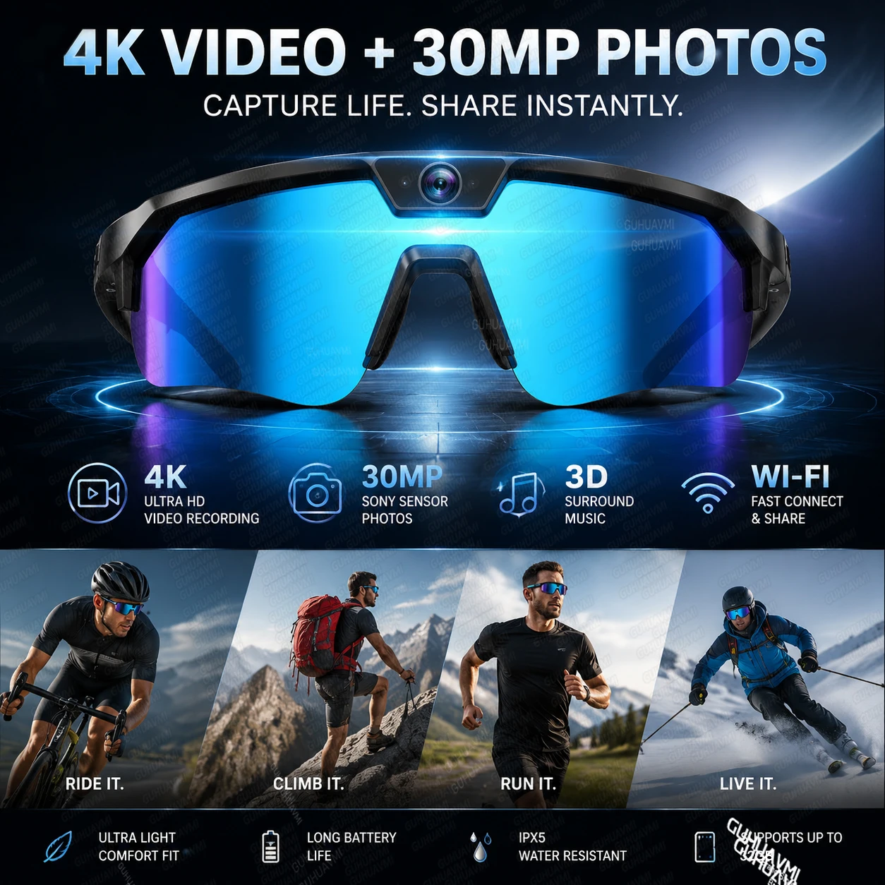 AI Smart Sports Glasses with 30MP Camera – 4K Anti-Shake Video Recording, 32GB Storage, Dual Microphones & Windproof Cycling Goggles 2