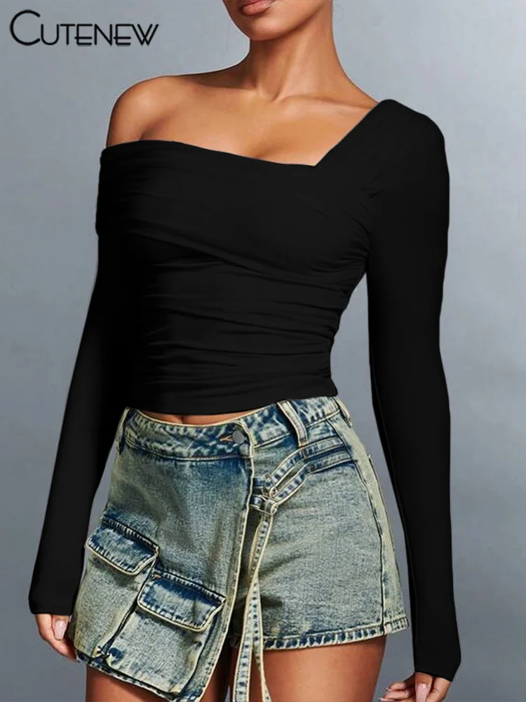 Asymmetrical Slash Neck Wild Women T-shirts Concise Ruched Full Sleeve Skinny Crop Tees Trend Basic Female Street Tops