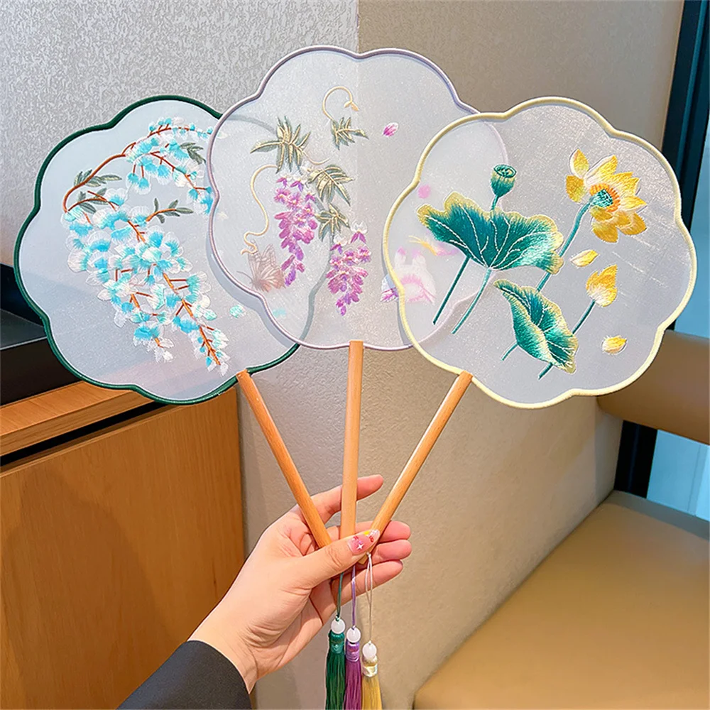 Flower Embroidered Wooden Handle Fan for Dance Wedding Hanfu hand fan,wooden hand fan