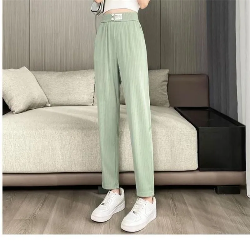2024 Summer New Commuter Solid Color Elasticized High-waisted Button Epaulet Thin Loose Casual Harlan Women's Silk Sports Pants