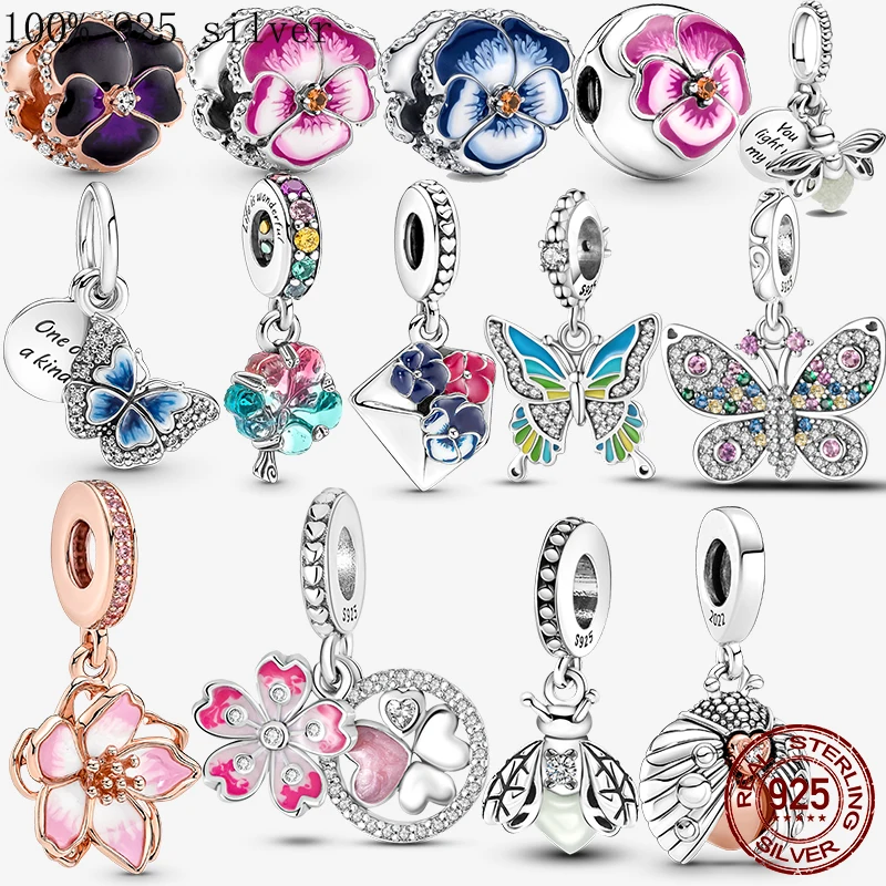 

2022 Glow-in-the-dark Firefly Flower Dangle Charm Pendant Bead fit Original Pandora butterfly Charms Silver 925 Bracelet Women