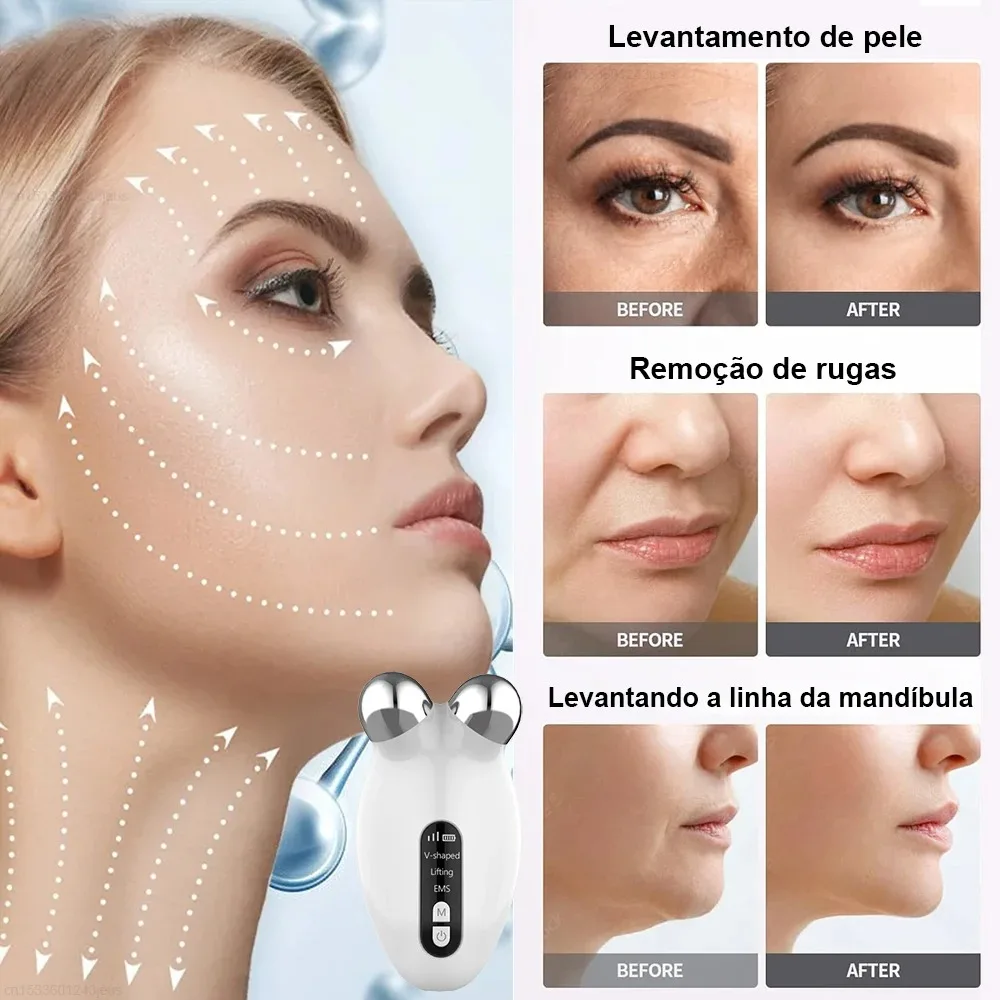 Face Lifting 3D Roller Massager Machine EMS Microcurrent Blue Red Light Therapy V Shaped Double Chin Remover Face Tighting Tool