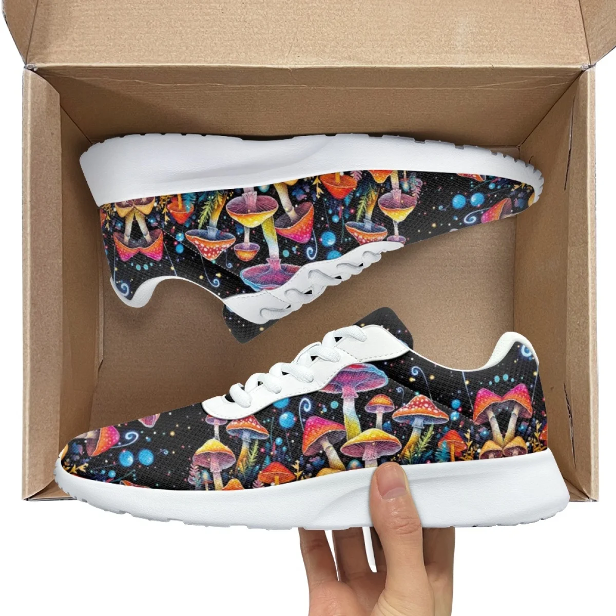 Autumn Flats Women Shoes Cartoon Color Mushroom Pattern Design Lace-up Cozy Sneakers Female Outdoor Sport Running Shoes Athletic